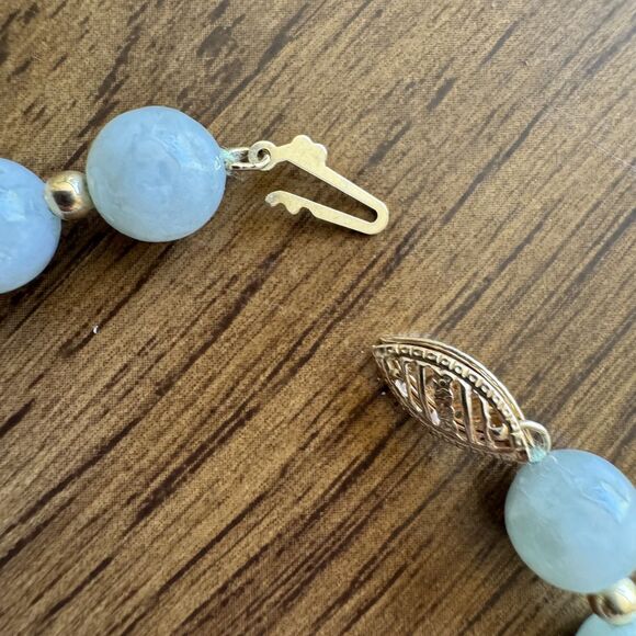 14K Gold Green Jadeite Jade Beaded Bracelet 7.5 in Vintage Estate Jewelry 8mm - Picture 5 of 9